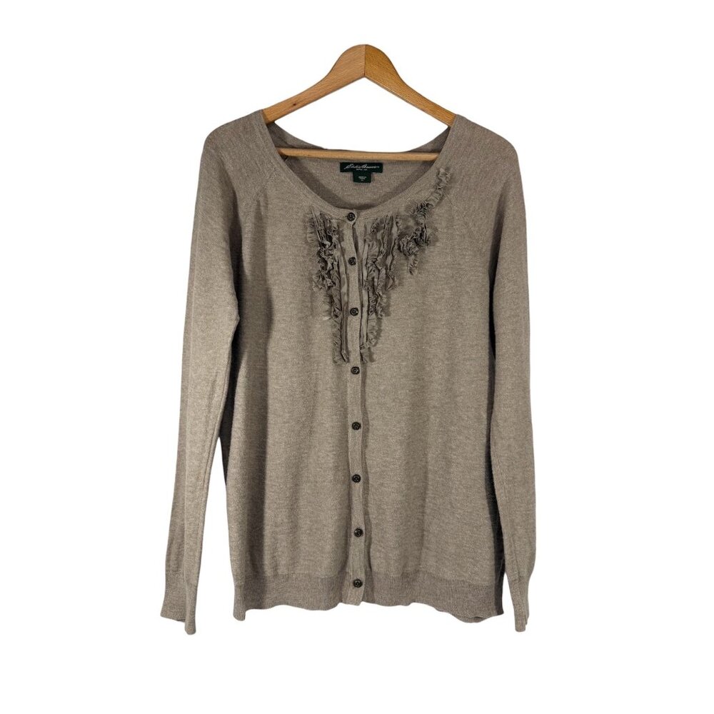 Eddie Bauer Womens XL Tan Button-Up Beige Tan Cardigan Lightweight Sweater Ruffl